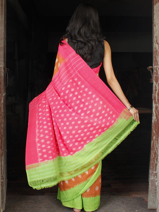 Peanut Brown Pink Green Double Ikat Handwoven Cotton Saree With Ganga Jamuna Border - S031703647