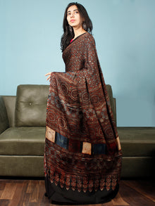 Black Maroon Beige Indigo Ajrakh Hand Block Printed Modal Silk Saree in Natural Colors - S031703347