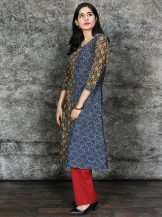 Indigo Brown Olive Green Black Hand Printed Ajrakh Kurta in Natural Colors - K96F1532