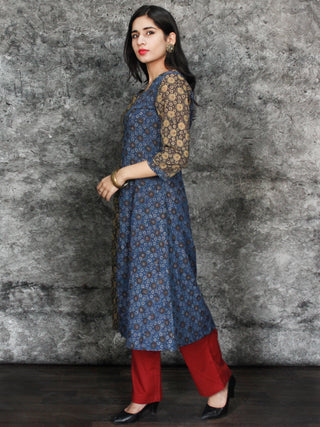 Indigo Brown Olive Green Black Hand Printed Ajrakh Kurta in Natural Colors - K96F1532