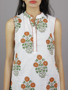 White Orange Olive & Parrot Green Hand Block Printed Kurti With Stand Collar And Side Slit - K326001