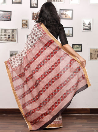 Beige Maroon Black Bagh Printed Maheshwari Cotton Saree - S031703306