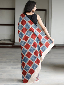 Beige Maroon Black Indigo Ajrakh Hand Block Printed Cotton Saree in Natural Colors - S031703737