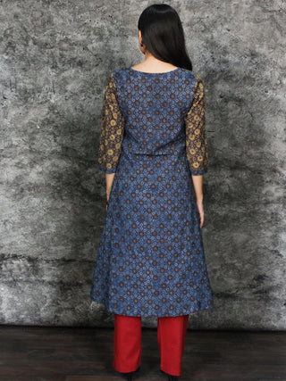 Indigo Brown Olive Green Black Hand Printed Ajrakh Kurta in Natural Colors - K96F1532