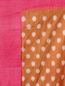 Peanut Brown Pink Green Double Ikat Handwoven Cotton Saree With Ganga Jamuna Border - S031703647