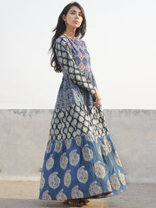Indigo Maroon Green Ivory Hand Block Ajrakh Printed Long Cotton Tier Dress  -  D95F863