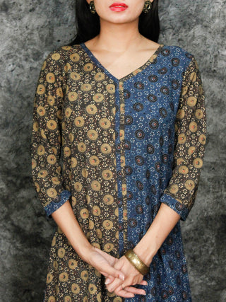 Indigo Brown Olive Green Black Hand Printed Ajrakh Kurta in Natural Colors - K96F1532