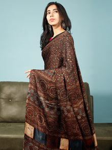 Black Maroon Beige Indigo Ajrakh Hand Block Printed Modal Silk Saree in Natural Colors - S031703347