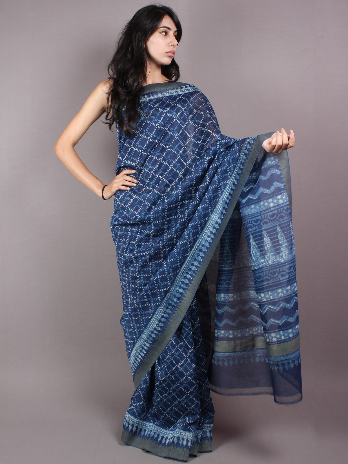 Indigo White Hand Block Printed in Natural Vegetable Colors Chanderi Saree With Geecha Border - S03170291