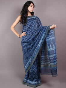 Indigo White Hand Block Printed in Natural Vegetable Colors Chanderi Saree With Geecha Border - S03170291