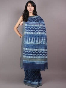 Indigo White Hand Block Printed in Natural Vegetable Colors Chanderi Saree With Geecha Border - S03170291