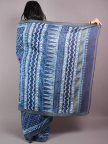 Indigo White Hand Block Printed in Natural Vegetable Colors Chanderi Saree With Geecha Border - S03170291
