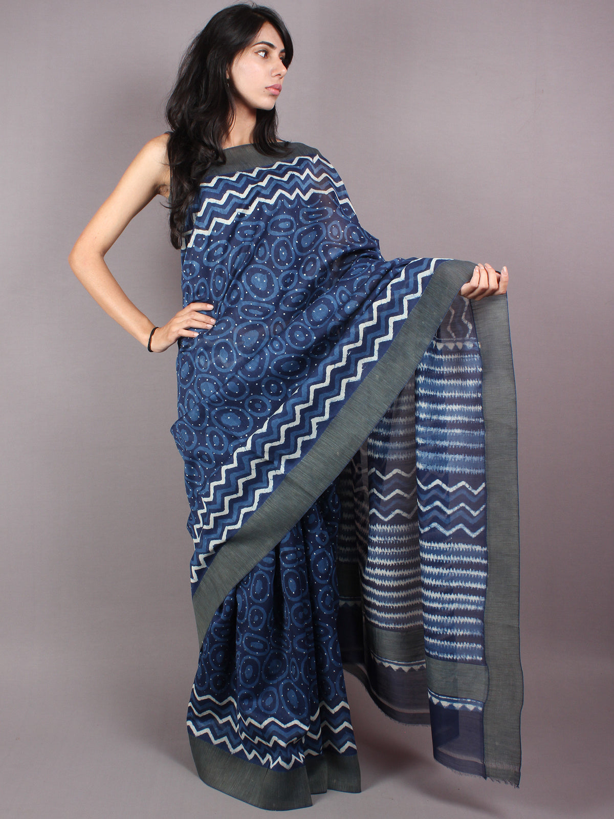 Indigo White Hand Block Printed in Natural Vegetable Colors Chanderi Saree With Geecha Border - S03170292