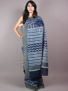 Indigo White Hand Block Printed in Natural Vegetable Colors Chanderi Saree With Geecha Border - S03170292