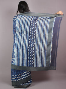 Indigo White Hand Block Printed in Natural Vegetable Colors Chanderi Saree With Geecha Border - S03170292
