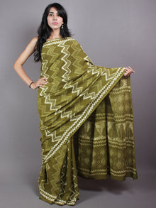 Olive Green White Hand Block Printed in Natural Colors Cotton Mul Saree - S03170420