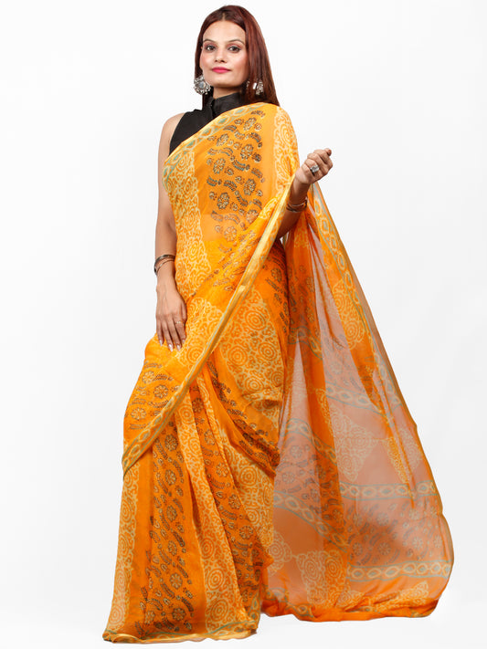 Golden Yellow  Hand Block Printed Chiffon Saree with Zari Border - S031703421