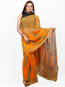 Orange Green Hand Block Printed Chiffon Saree with Zari Border - S031703422