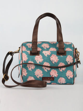 Sky Blue White Hand Block Printed Bucket Style Hand Bag - B11101