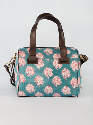 Sky Blue White Hand Block Printed Bucket Style Hand Bag - B11101