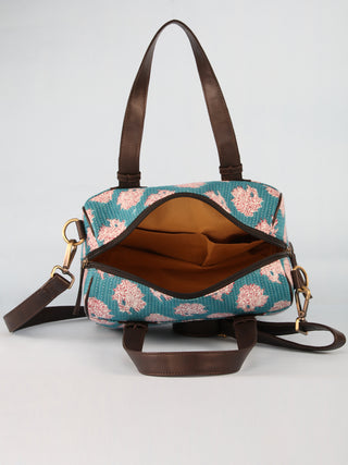 Sky Blue White Hand Block Printed Bucket Style Hand Bag - B11101
