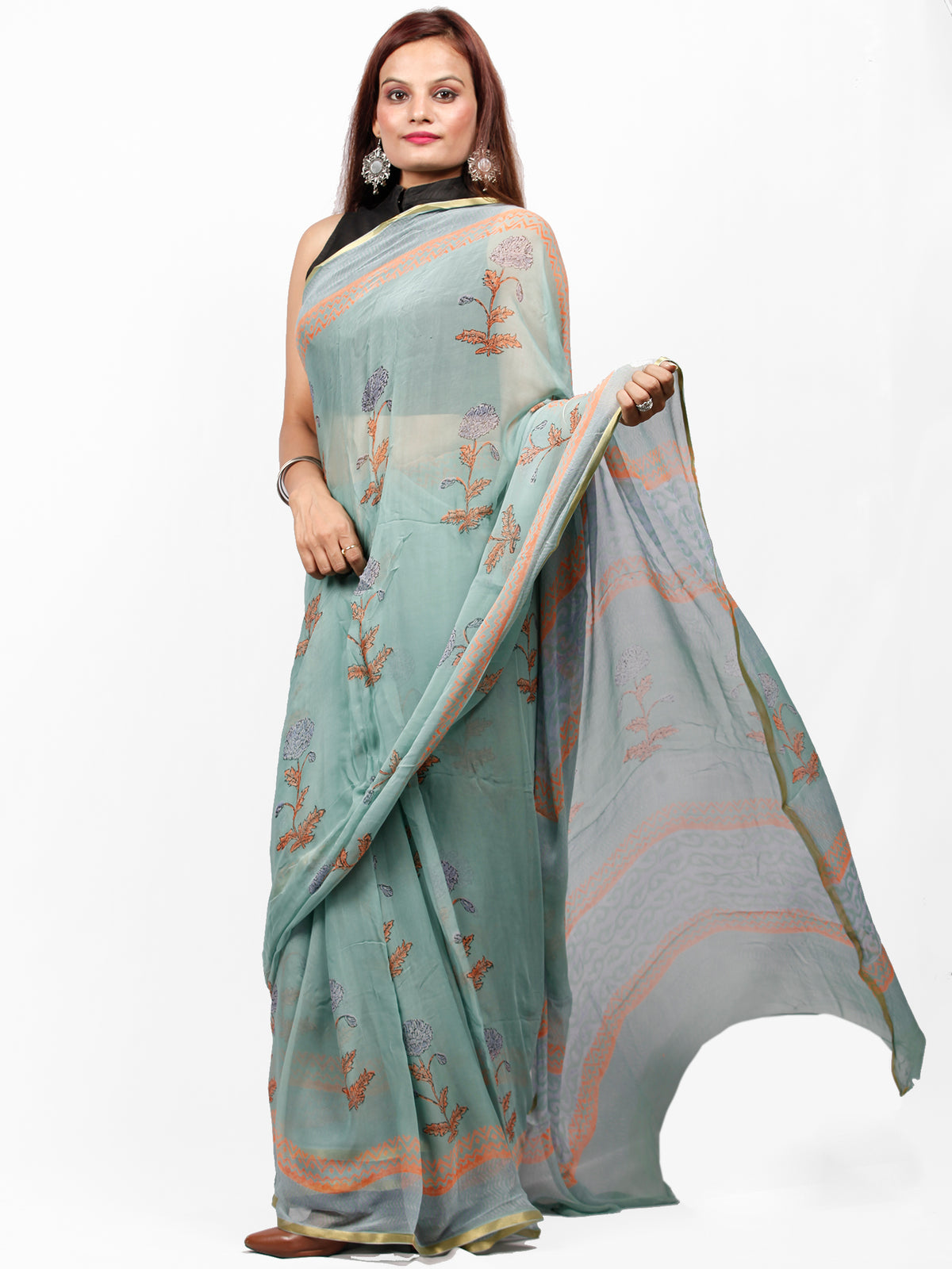 Sage Green Orange Hand Block Printed Chiffon Saree with Zari Border - S031703424