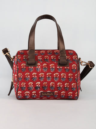 Maroon Blue Hand Block Printed Bucket Style Hand Bag - B11102