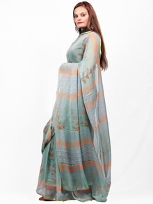 Sage Green Orange Hand Block Printed Chiffon Saree with Zari Border - S031703424