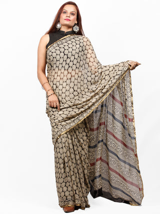 Beige Black Maroon Hand Block Printed Chiffon Saree with Zari Border - S031703425