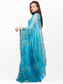 Sky Blue Yellow Hand Block Printed Chiffon Saree with Zari Border - S031703412