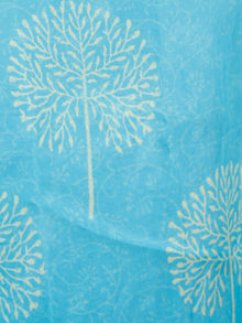Sky Blue Yellow Hand Block Printed Chiffon Saree with Zari Border - S031703412