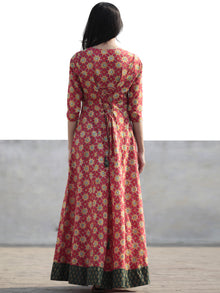 Coral Yellow Green Hand Block Printed Cotton Long Dress With Tie-Up Back Waist - D162F1092