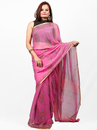 Pink Green Hand Block Printed Chiffon Saree with Zari Border - S031703436