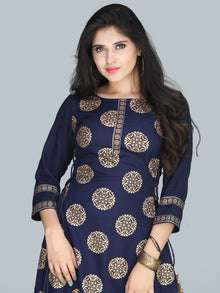 Naaz Aalia - Indigo Gold Block Print Kurta & Skirt Dress With Tassels - D380FXXXX