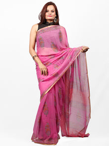 Pink Green Hand Block Printed Chiffon Saree with Zari Border - S031703436