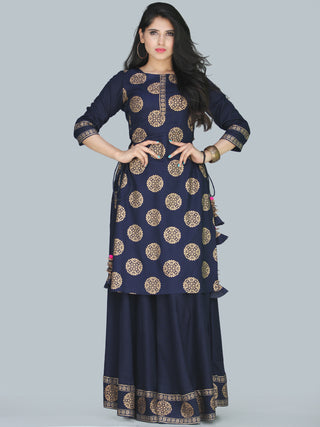 Naaz Aalia - Indigo Gold Block Print Kurta & Skirt Dress With Tassels - D380FXXXX