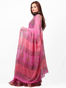 Pink Green Hand Block Printed Chiffon Saree with Zari Border - S031703436