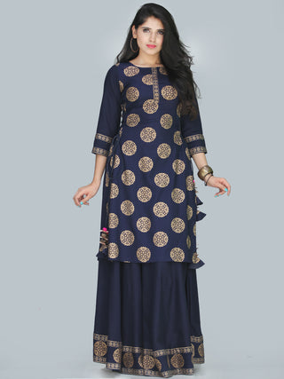 Naaz Aalia - Indigo Gold Block Print Kurta & Skirt Dress With Tassels - D380FXXXX