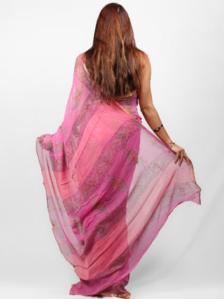 Pink Green Hand Block Printed Chiffon Saree with Zari Border - S031703436