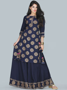 Naaz Aalia - Indigo Gold Block Print Kurta & Skirt Dress With Tassels - D380FXXXX