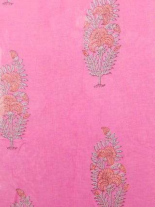 Pink Green Hand Block Printed Chiffon Saree with Zari Border - S031703436