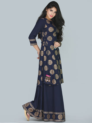 Naaz Aalia - Indigo Gold Block Print Kurta & Skirt Dress With Tassels - D380FXXXX