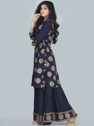 Naaz Aalia - Indigo Gold Block Print Kurta & Skirt Dress With Tassels - D380FXXXX