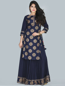 Naaz Aalia - Indigo Gold Block Print Kurta & Skirt Dress With Tassels - D380FXXXX