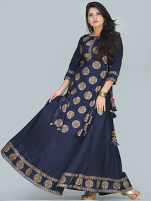 Naaz Aalia - Indigo Gold Block Print Kurta & Skirt Dress With Tassels - D380FXXXX