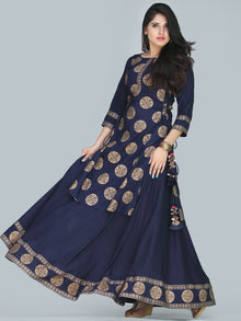 Naaz Aalia - Indigo Gold Block Print Kurta & Skirt Dress With Tassels - D380FXXXX
