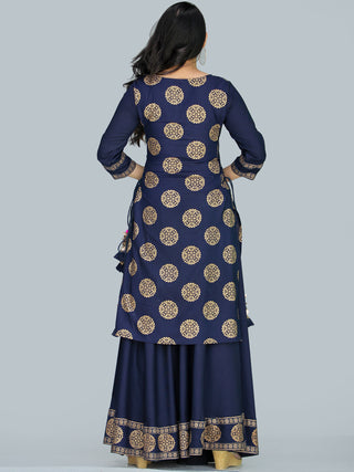 Naaz Aalia - Indigo Gold Block Print Kurta & Skirt Dress With Tassels - D380FXXXX