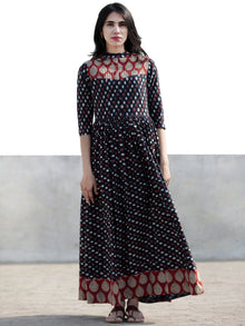 Indigo Red White Ivory Hand Block Printed Long Cotton Dress With Stand Collar and Pintuck - D214F895