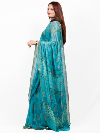 Sky Blue Light Yellow Black Hand Block Printed Chiffon Saree with Zari Border - S031703413