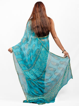 Sky Blue Light Yellow Black Hand Block Printed Chiffon Saree with Zari Border - S031703413